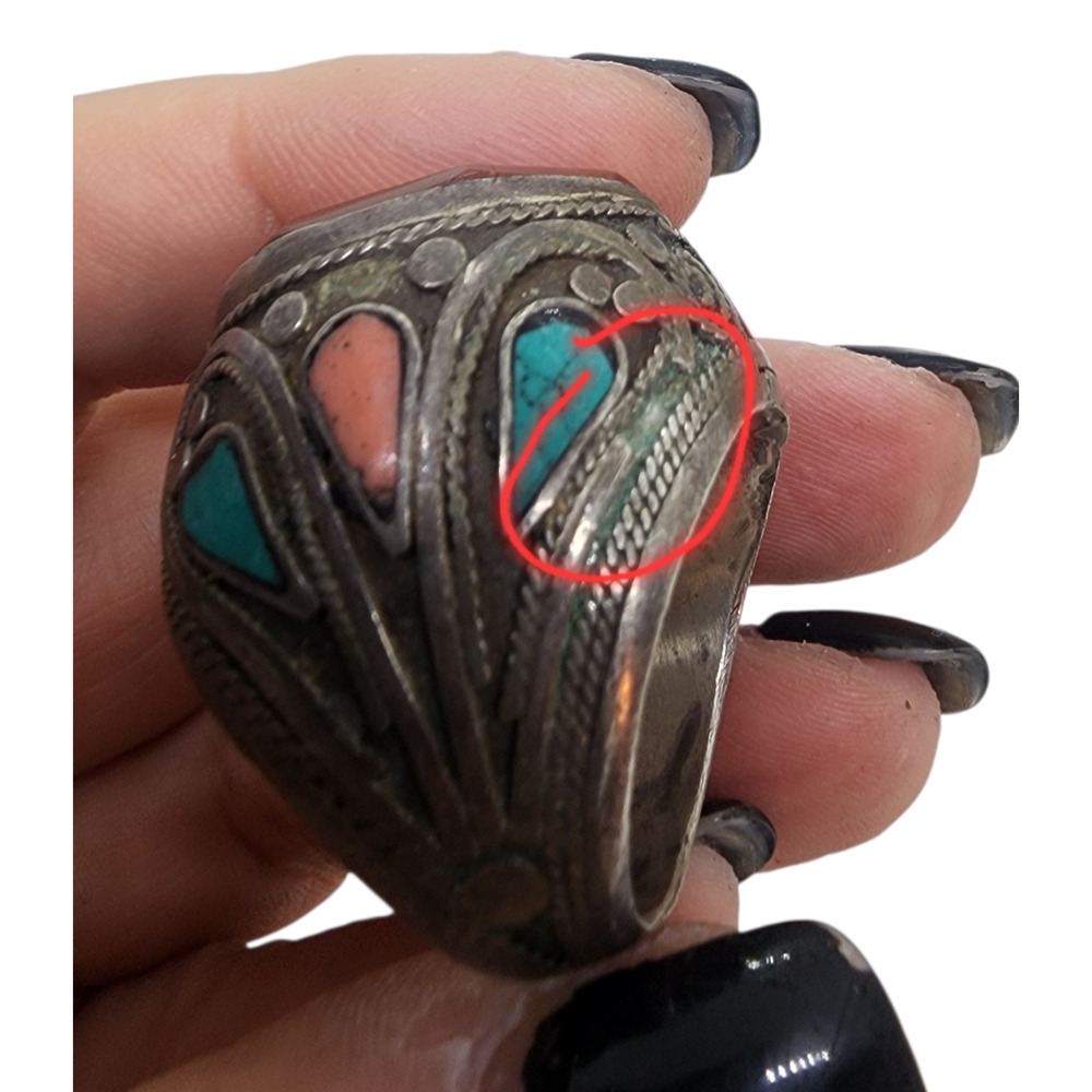 Vintage Ring Turkmen Silver Carved Turquoise Coral Inlay Sz 8.5 Arabic BIG - Picture 13 of 16